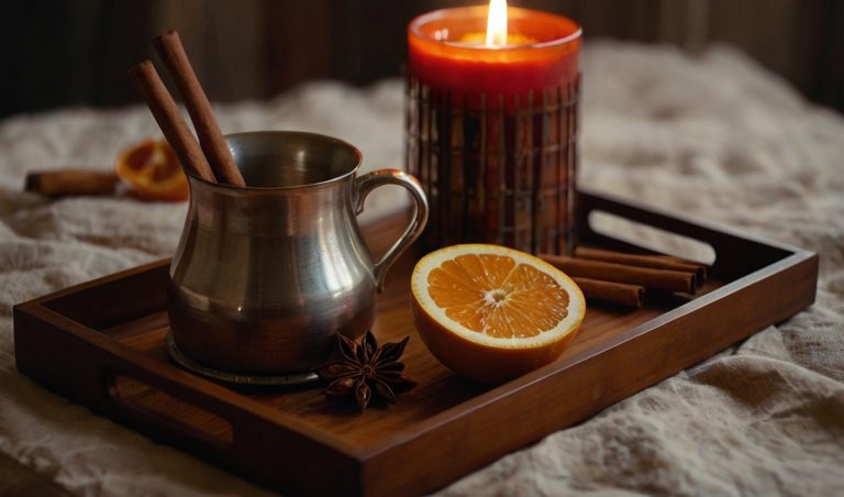 Cinnamon sticks and orange on tray with lit candle.