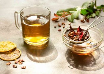 Warm herbal tea with dried citrus slices and spice strainer.