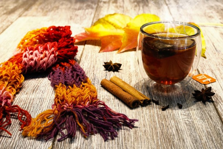 Cozy autumn tea with cinnamon, star anise, and a colorful knitted scarf.