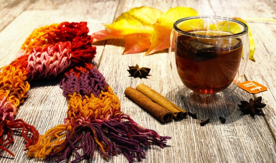 Cozy autumn tea with cinnamon, star anise, and a colorful knitted scarf.