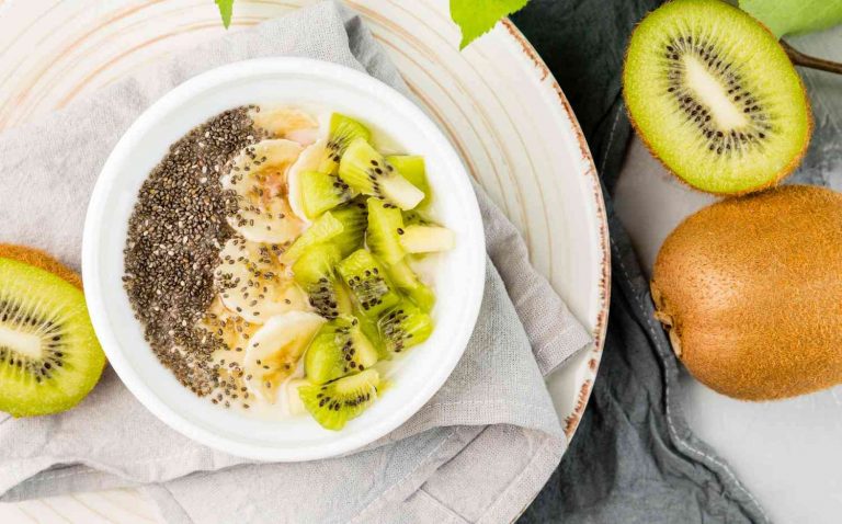 Chia seed yogurt bowl with banana and kiwi slices.