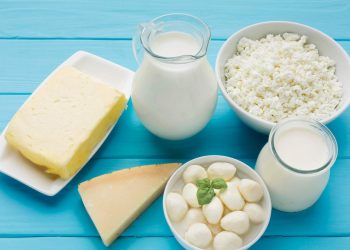 Various dairy products on a blue table, including milk, cheese, and cottage cheese.