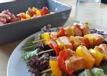 Grilled chicken skewers with bell peppers on a bed of fresh lettuce.