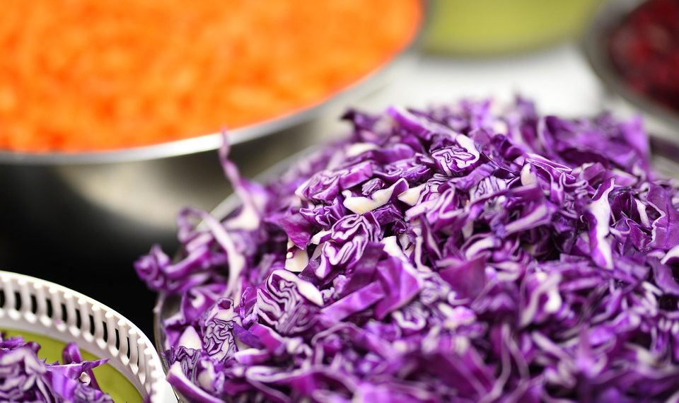 Shredded purple cabbage in a bowl surrounded by sliced vegetables.