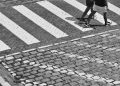 Pedestrians crossing a cobblestone street at a zebra crossing.