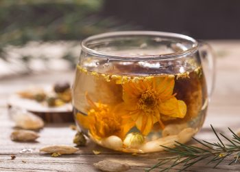 Herbal tea with a blooming flower in a glass cup.