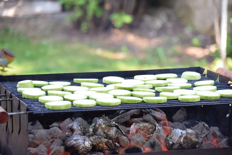 Grilling zucchini slices over hot coals.