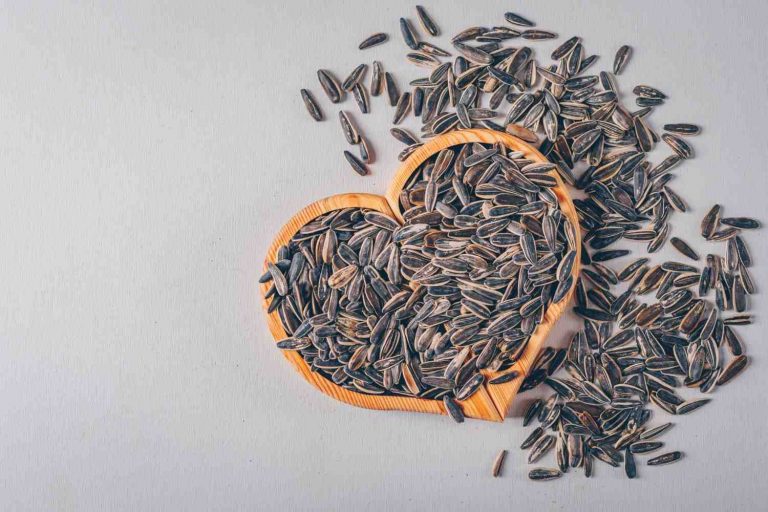 Sunflower seeds in a heart-shaped bowl scattered on a table.