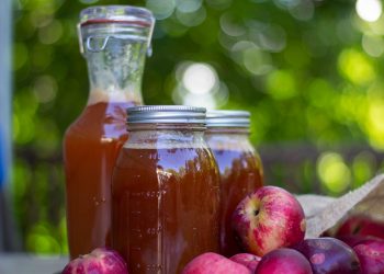 Homemade apple cider in glass jars with fresh apples nearby.
