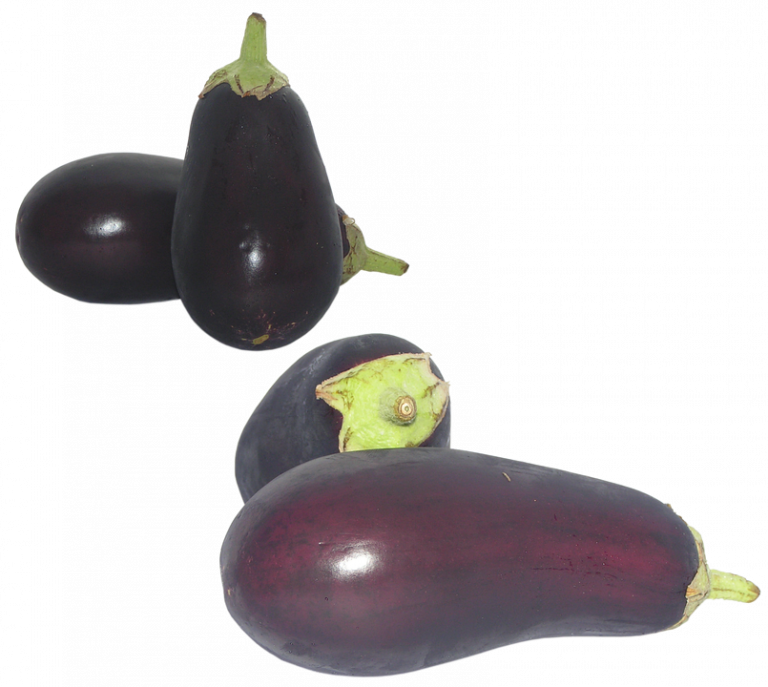 Cluster of fresh eggplants on white background.