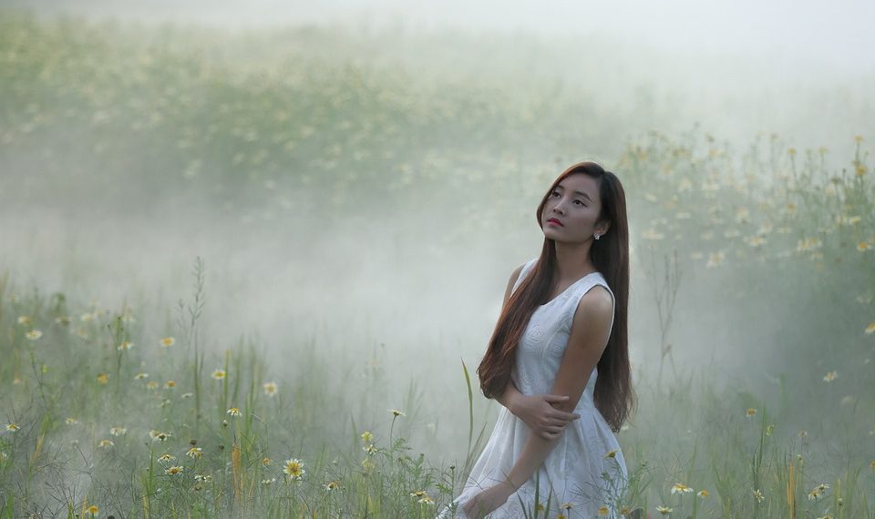 Woman in white dress kneeling in a foggy, floral meadow.