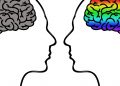 Two profiles with contrasting colorful and gray brains.