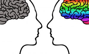 Two profiles with contrasting colorful and gray brains.