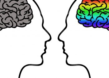 Two profiles with contrasting colorful and gray brains.