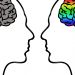 Two profiles with contrasting colorful and gray brains.