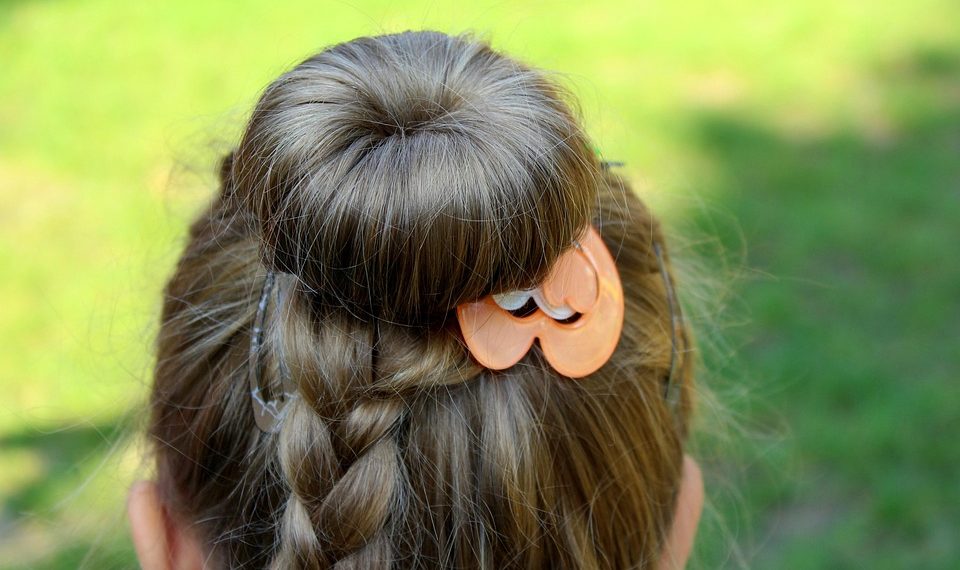 Braided hairstyle with decorative orange clip.