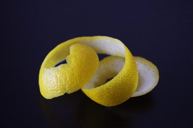 Lemon peel spiral against dark background.
