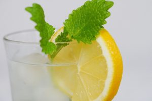 Lemon slice and mint garnishing a refreshing drink.