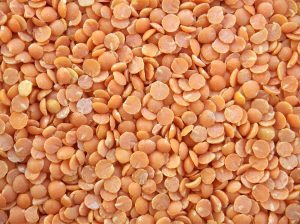 Red lentils scattered in a pile, showcasing their texture and vibrant color.