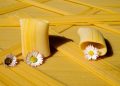 Paccheri pasta tubes and daisies on striped pasta sheets.