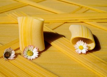 Paccheri pasta tubes and daisies on striped pasta sheets.
