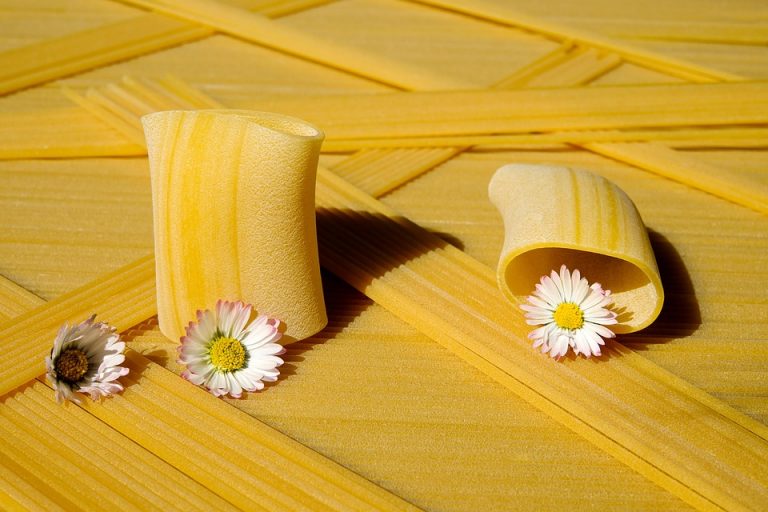 Paccheri pasta tubes and daisies on striped pasta sheets.