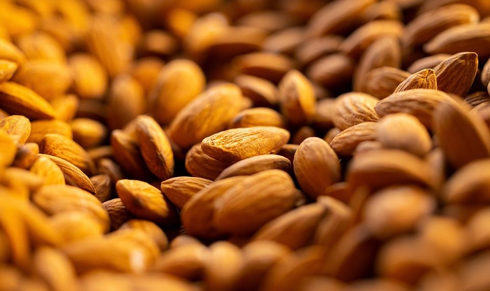 Whole almonds in a close-up shot showcasing texture.