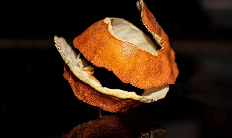 Dry orange peel curls resting on a reflective surface.