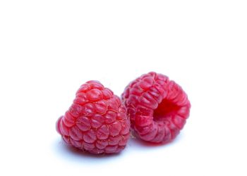 Two fresh raspberries on a white background.