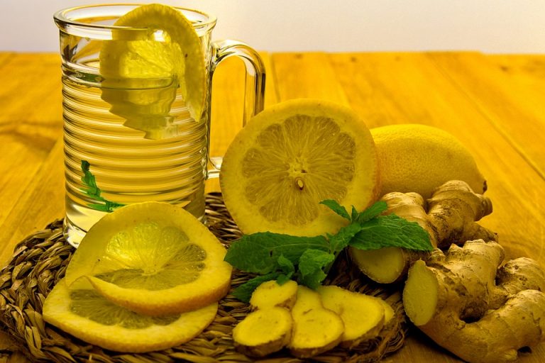 Refreshing lemon ginger tea with fresh slices and mint.