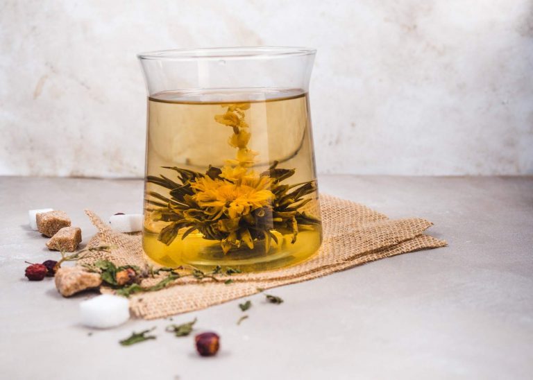 Blooming tea flower in a glass with sugar cubes and herbs scattered around.