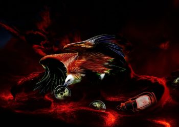 Eagle with cosmic background and glowing objects.