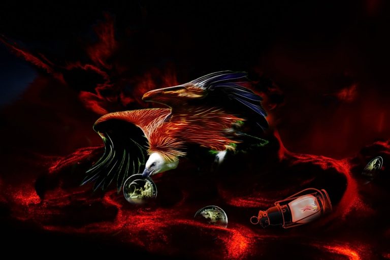 Eagle with cosmic background and glowing objects.