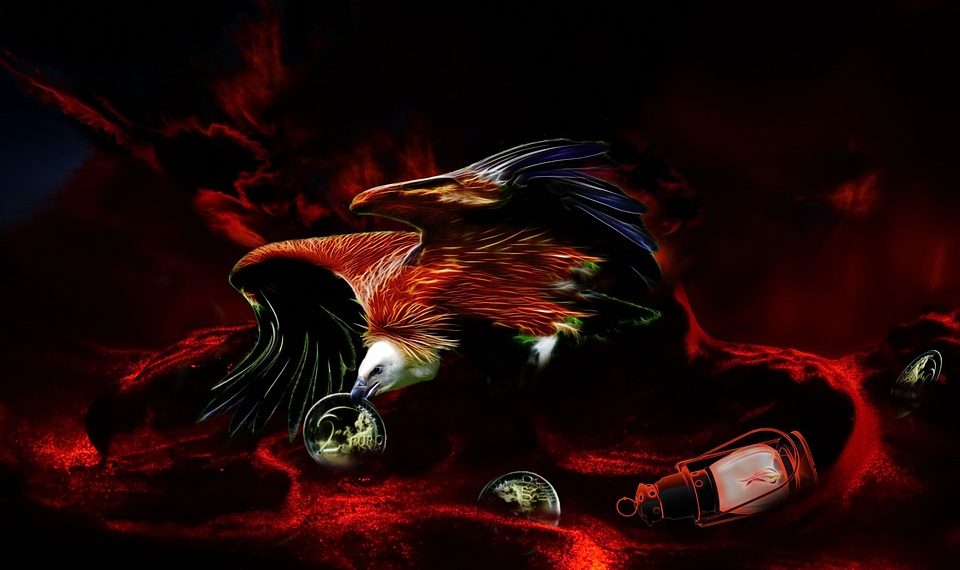 Eagle with cosmic background and glowing objects.