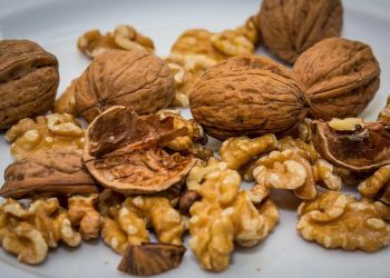 Whole and shelled walnuts scattered on a plate.