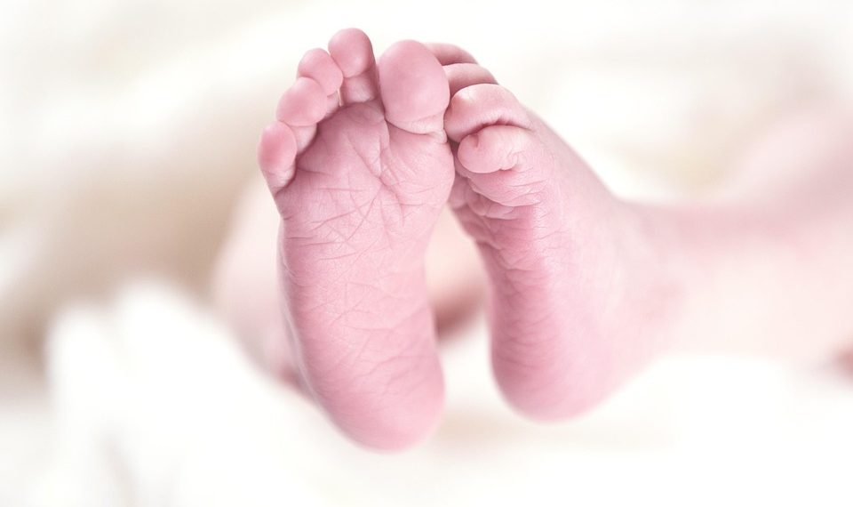 Newborn baby feet on soft white blanket.