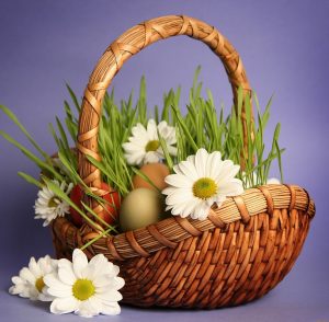 Wicker basket filled with grass, colorful eggs, and white daisies.