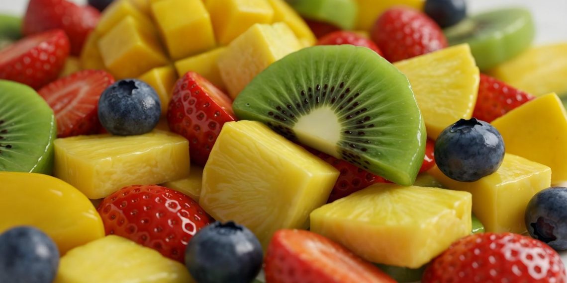 Tropical fruit salad with kiwi, strawberries, blueberries, and pineapple cubes.