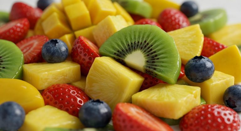 Tropical fruit salad with kiwi, strawberries, blueberries, and pineapple cubes.
