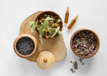 Dried herbs and essential oils in wooden bowls for aromatherapy.