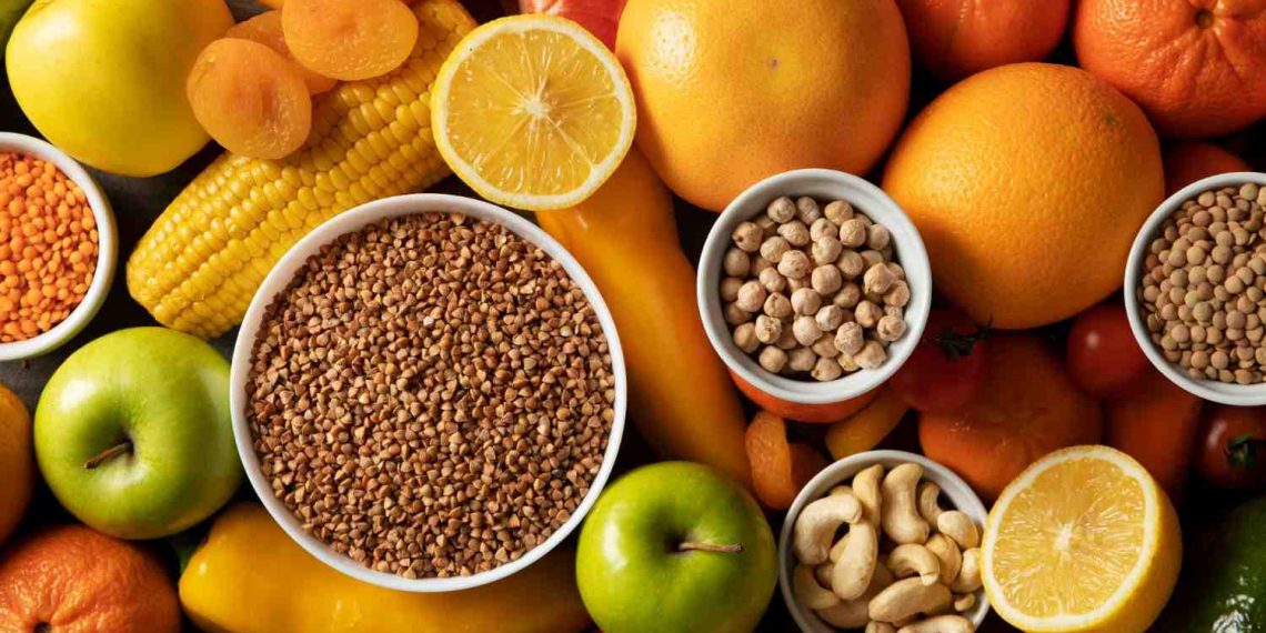 Assorted fruits, nuts, and grains create a colorful, healthy mix.