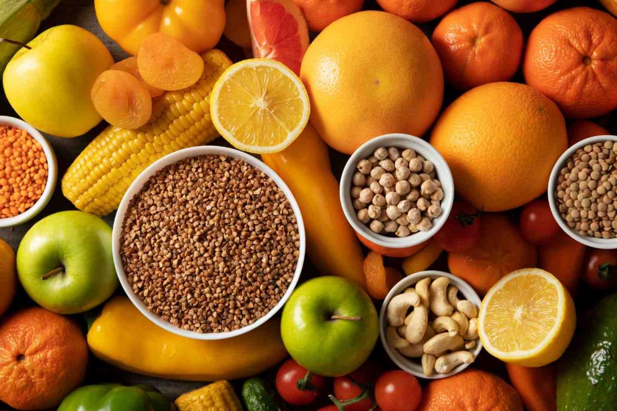Assorted fruits, nuts, and grains create a colorful, healthy mix.