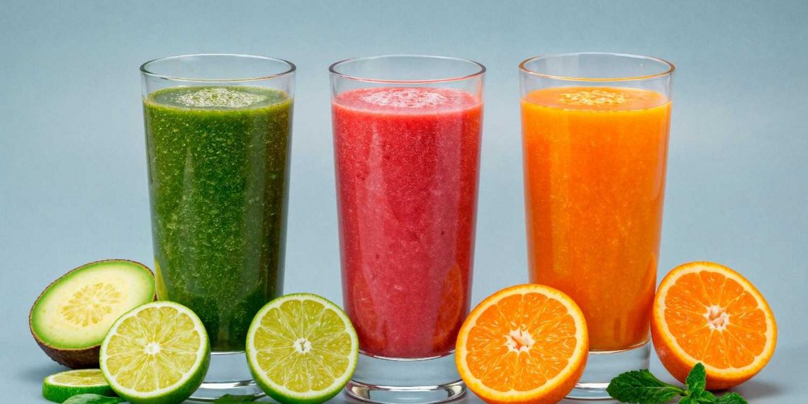 Three colorful smoothies with fresh fruits and mint leaves.