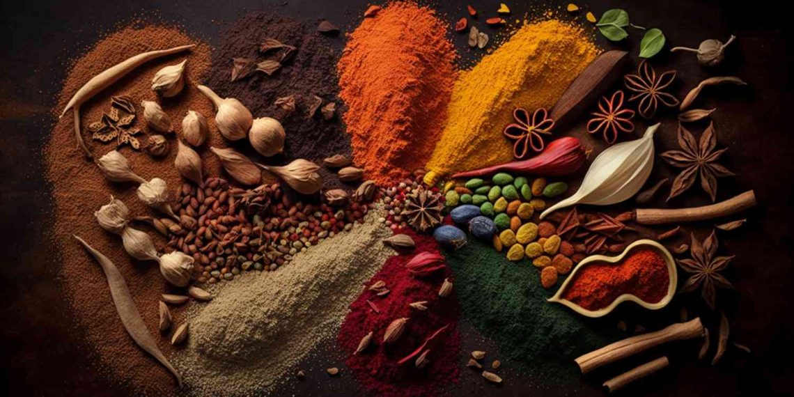 Assorted vibrant spices arranged on a dark surface.