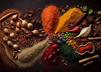 Assorted vibrant spices arranged on a dark surface.