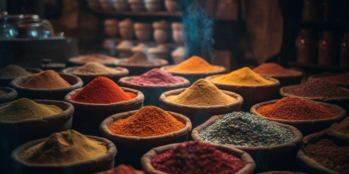 Baskets of colorful spices in a market stall.