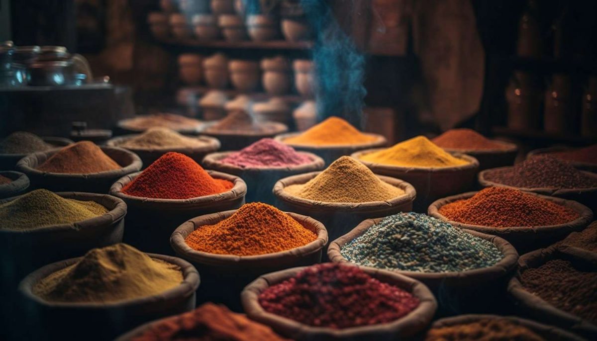 Baskets of colorful spices in a market stall.