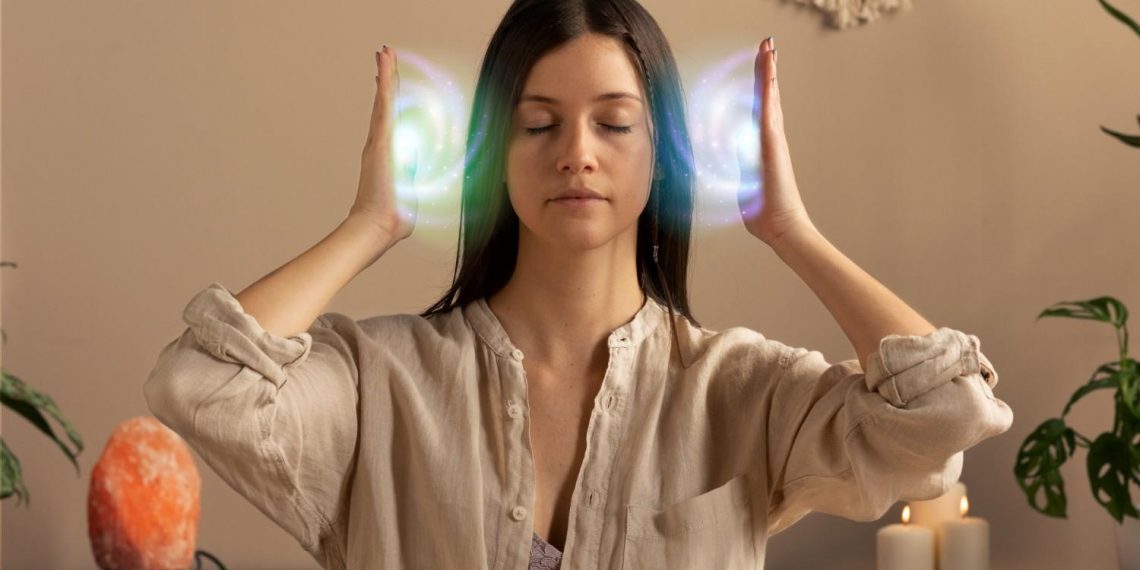 Calm woman meditating with hands aura.