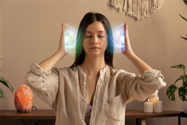 Calm woman meditating with hands aura.