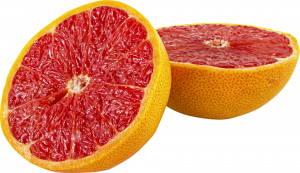 Half pink grapefruit with juicy flesh.